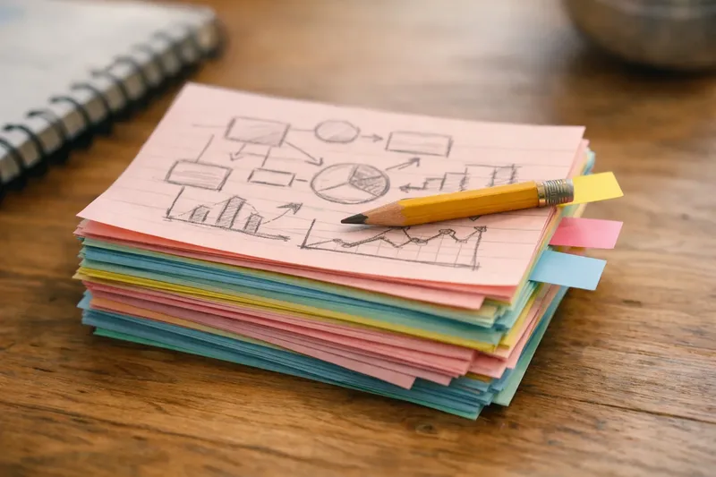A stack of colored index cards with a pencil on top and a hand-drawn diagram on the first card.