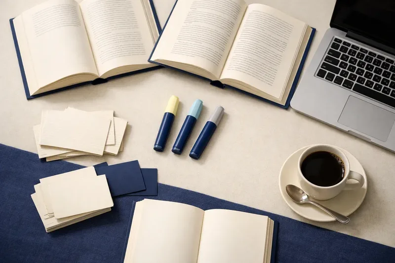 A desk seen from above: two open books, a laptop, three highlighters, stacks of index cards and a cup of coffee on a navy cloth.