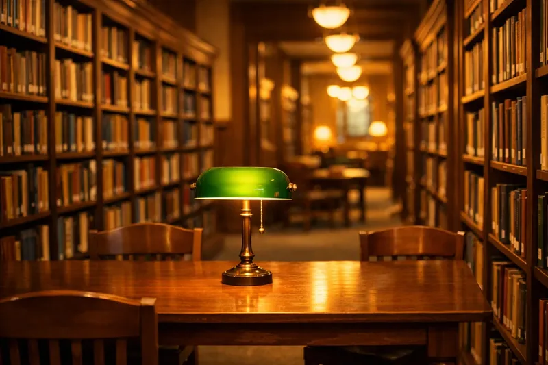 A reading room in a library with a green banker's lamp on a wooden table between tall bookshelves.